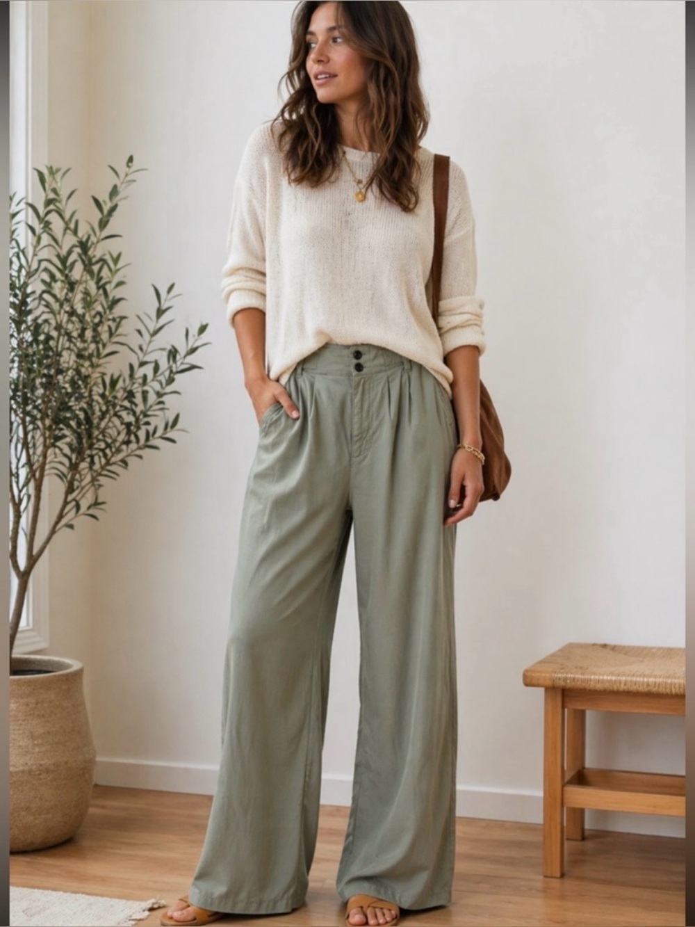 Wide Leg High-Waist Pants in Olive Green